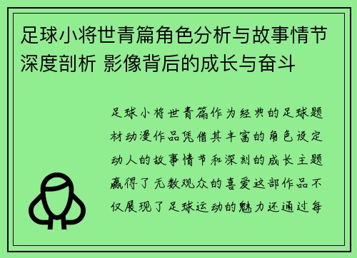 足球小将世青篇角色分析与故事情节深度剖析 影像背后的成长与奋斗